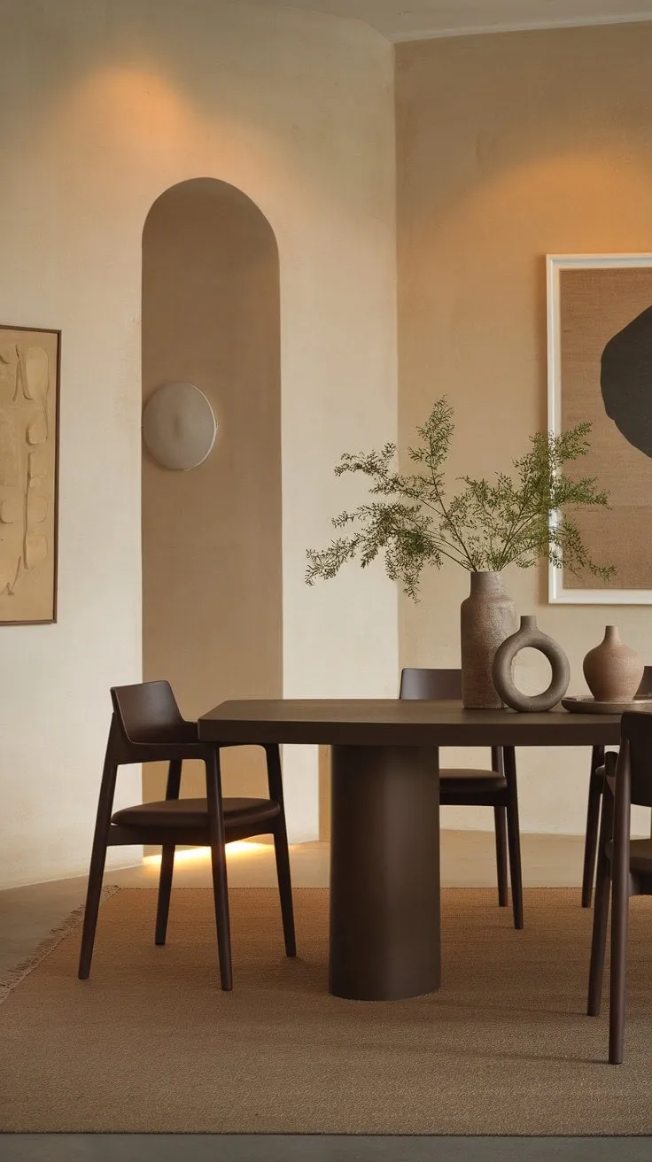 Bathed in warm light, this neutral dining room blends modern design with understated elegance, featuring a dark brown table that anchors the space in a sophisticated and inviting atmosphere ideal for intimate gatherings.