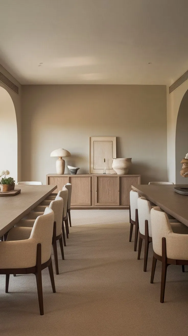 This modern dining room exudes serene sophistication with its rich wooden table, soft beige chairs, and calming grey walls, creating an atmosphere of understated luxury.