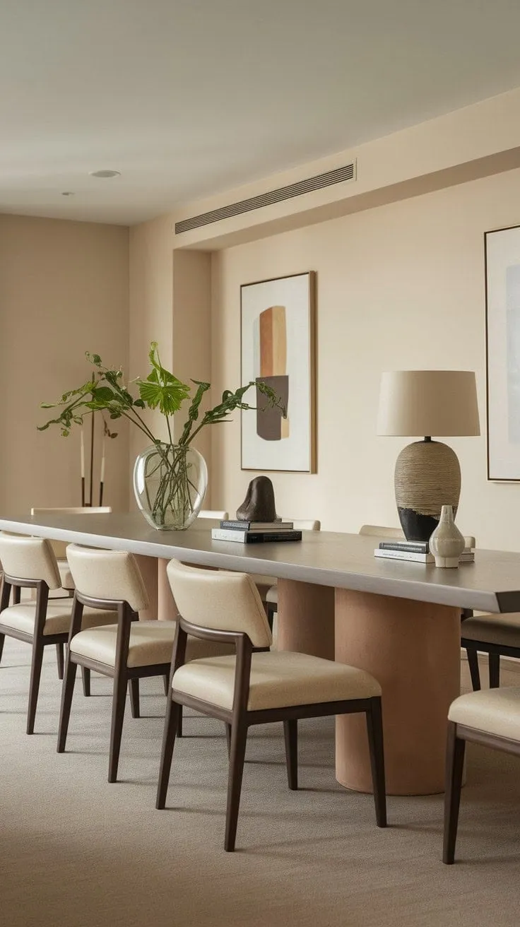 In a tranquil dining space illuminated by soft light, an elegant wooden table invites heartfelt conversations amidst a harmonious blend of minimalist design and understated luxury.