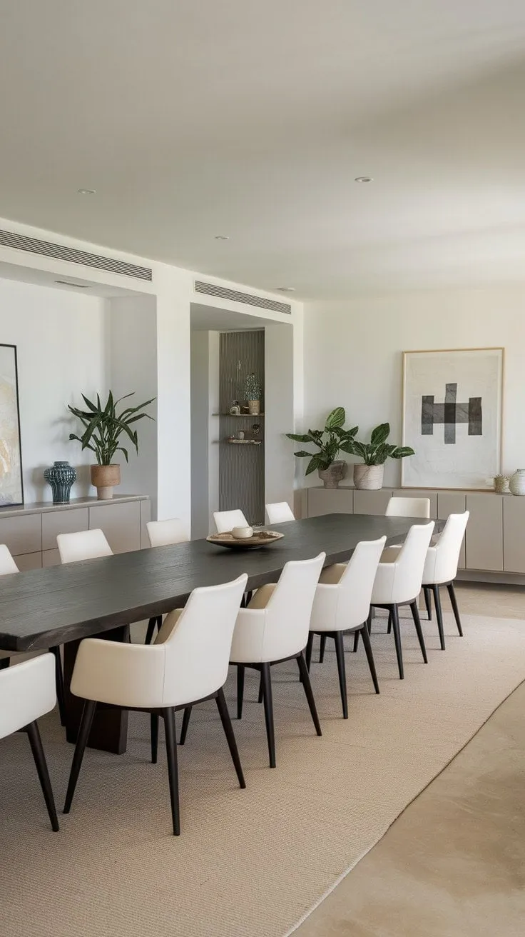 This serene dining room harmoniously fuses modern elegance with warmth, featuring a dark wood table, a soft beige rug, and lush greenery for a perfect backdrop to memorable gatherings.