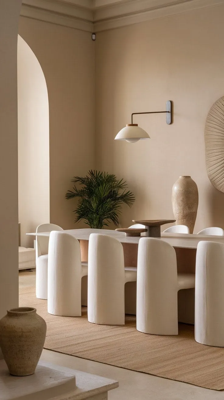 This modern dining room, with its neutral tones and clean lines, exudes subtle elegance and tranquility, creating a serene retreat from the everyday hustle.