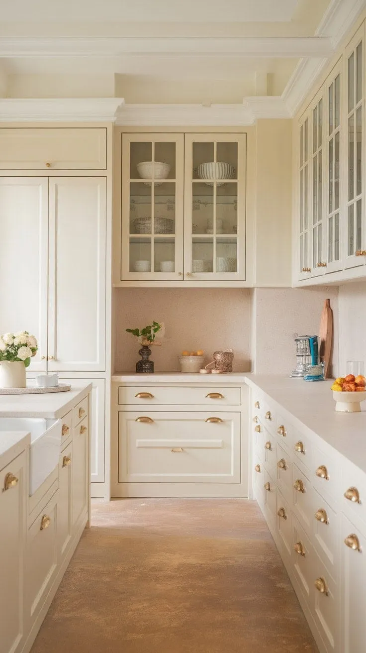 This kitchen harmoniously blends understated elegance with functionality, featuring soft whites, warm creams, mussel cabinets, and gold hardware.