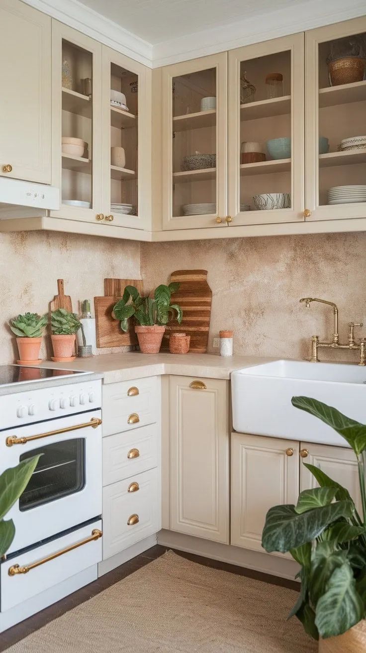 This kitchen harmoniously combines coastal charm and modern simplicity with cream cabinets, gold accents, and a serene ambiance, making it an inviting space for both peaceful mornings and vibrant gatherings.