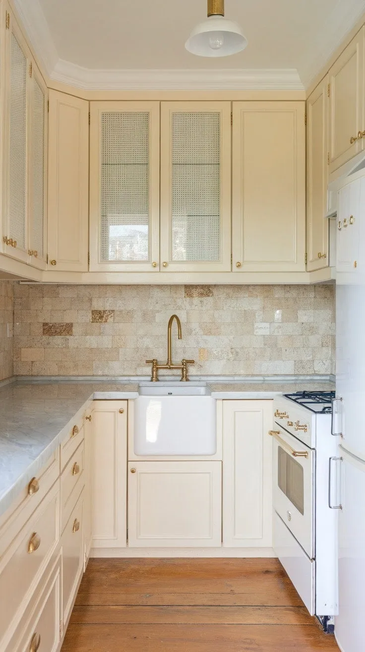 Bathed in sunlight, this serene beach house kitchen blends warm wood and marble with a soft color palette and subtle gold accents, crafting a haven of understated sophistication.