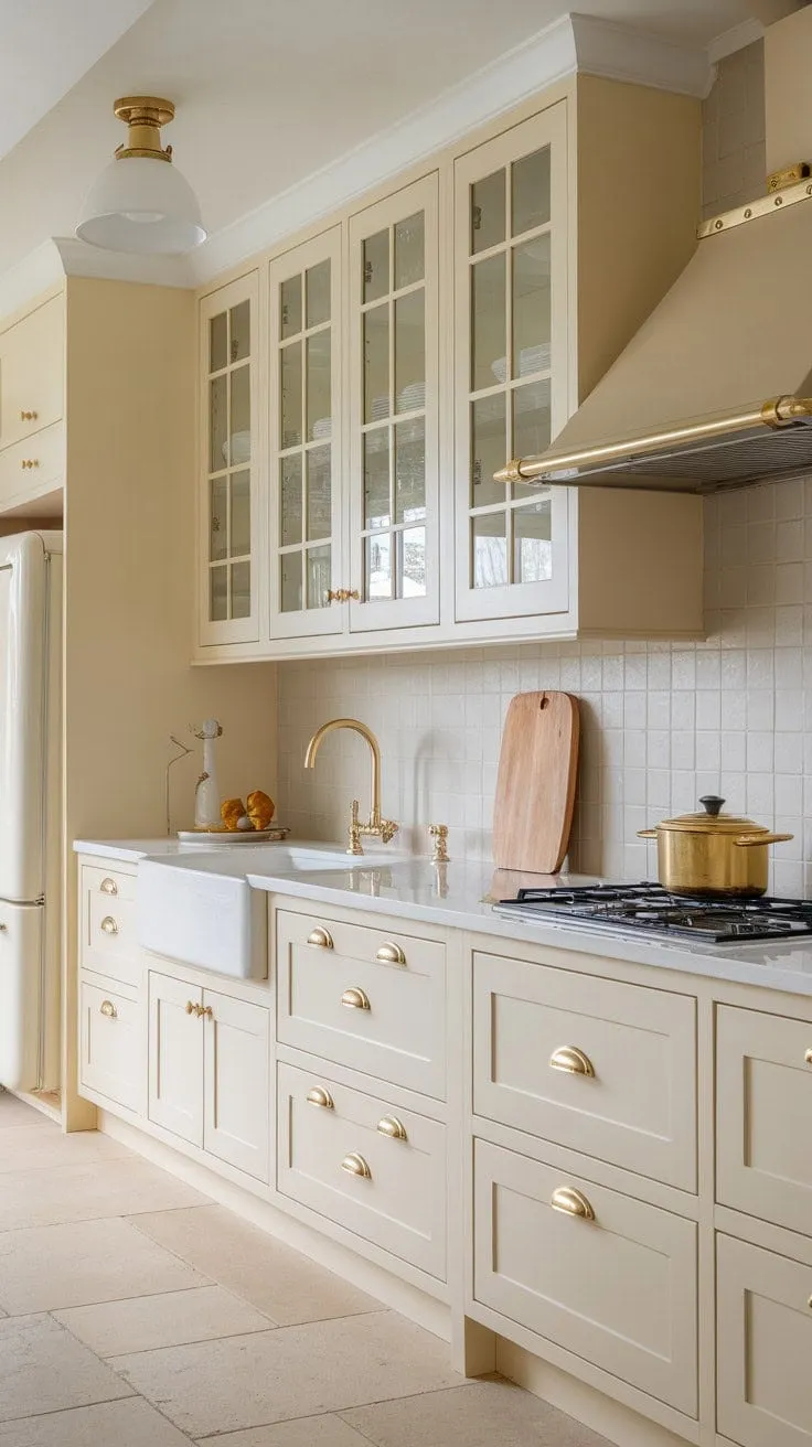 This kitchen, adorned with cream cabinets, gold accents, and hints of gray, embodies understated elegance and serenity, inspiring culinary creativity in a calming atmosphere.
