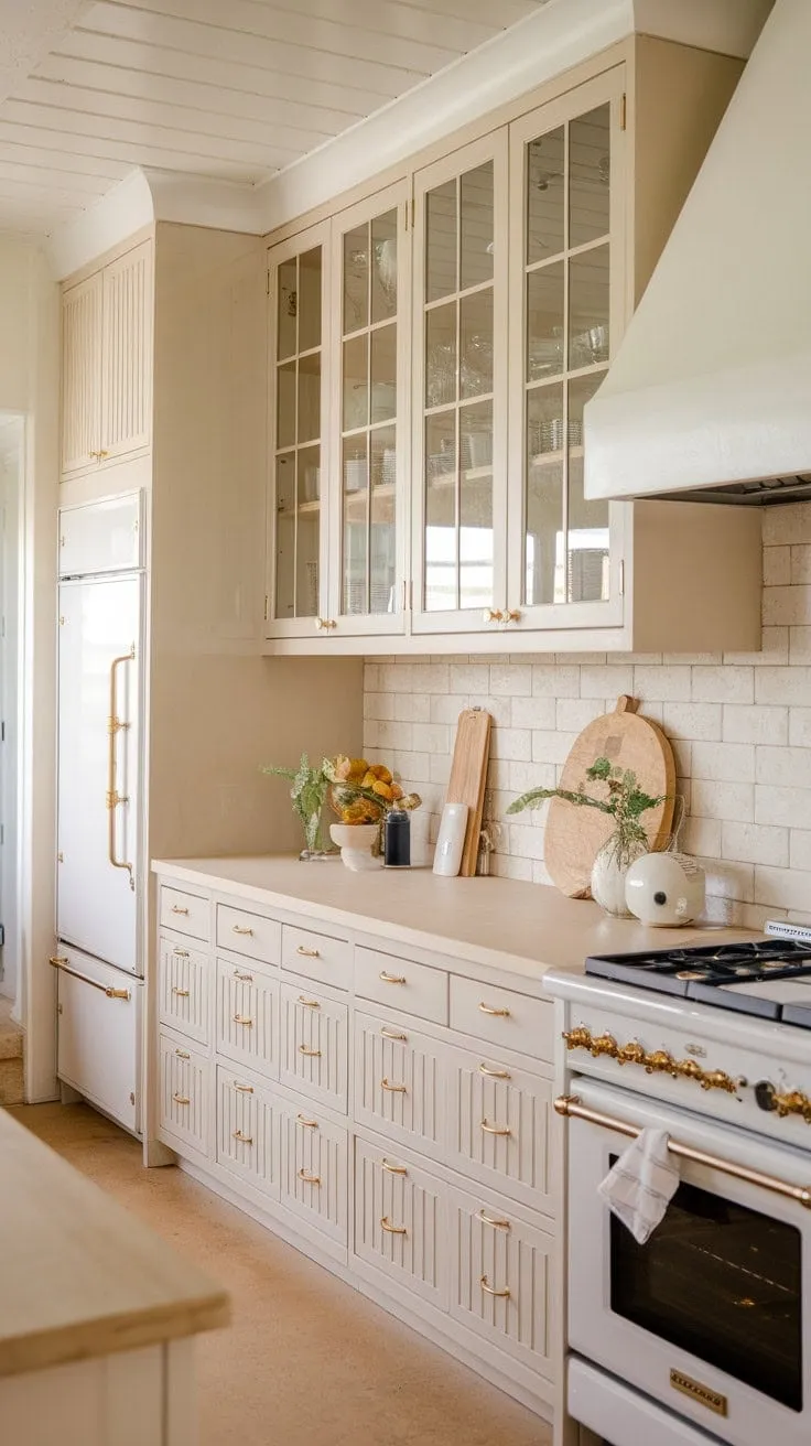 This serene kitchen harmoniously blends coastal tranquility with modern luxury, featuring cream cabinets, gold accents, and natural wood flooring for a bright, airy beach house vibe.