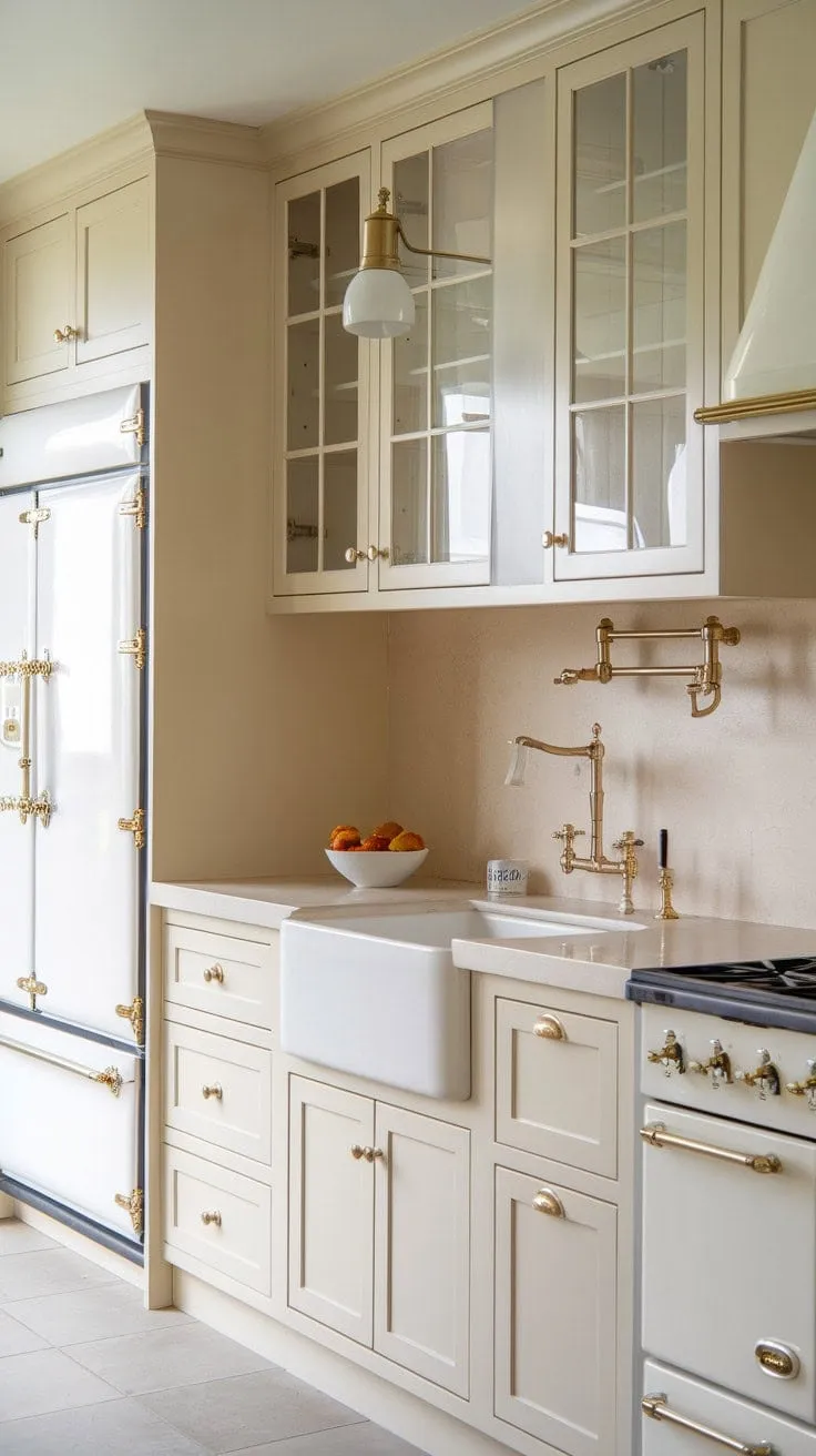 In a chic kitchen where cream cabinets shine under golden light, timeless elegance meets culinary inspiration in a harmonious blend of style and functionality.