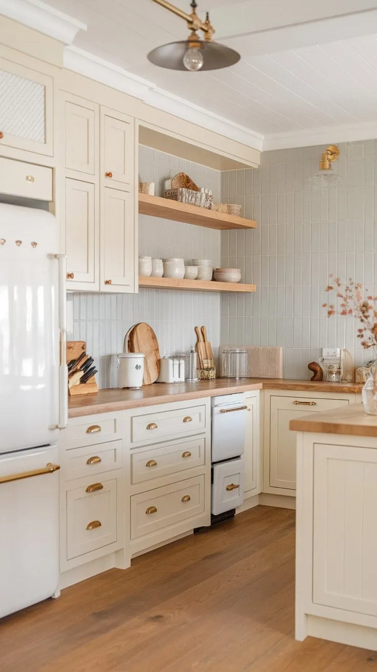This beach house kitchen blends soft whites and natural textures with subtle gold accents, crafting a bright and inviting space ideal for memorable gatherings.