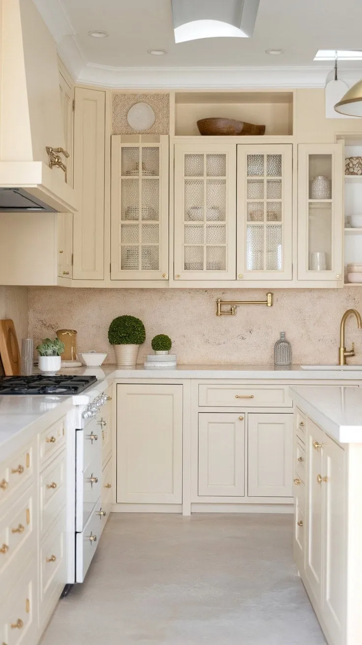 This neutral kitchen exudes understated luxury with creamy cabinets, warm gold accents, and a serene ambiance that balances functionality and aesthetic appeal.