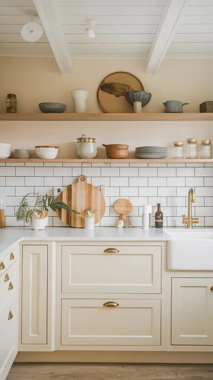 Discover a neutral kitchen that beautifully combines cream kitchen ideas, modern inspiration, and small beach house charm with mussel and soft white cabinets accented by gold hardware.