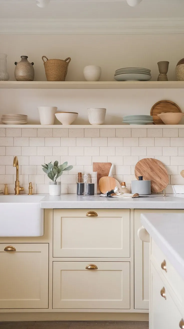 A stunning blend of cream kitchen ideas and modern design, this small beach house kitchen features mussel and soft white cabinets, accented with gold hardware for a natural tone.