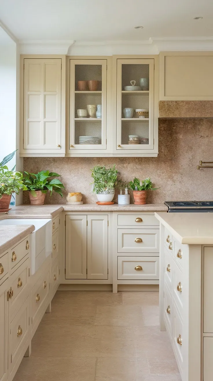 This neutral kitchen features soft white and light cream cabinets with gold hardware, complemented by a natural tone backsplash and a white island, perfect for modern kitchen inspiration in a small beach house.
