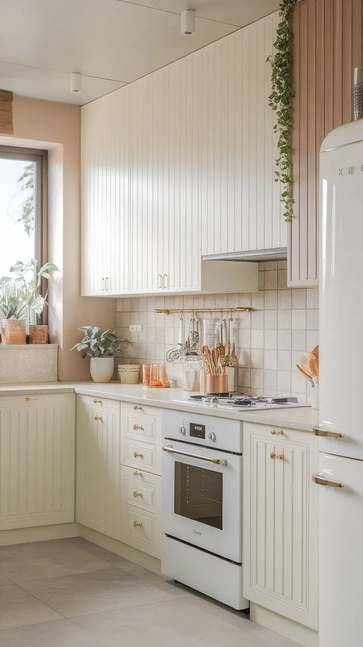 This modern kitchen features soft white and light cream cabinets with gold hardware, creating a neutral palette perfect for small beach house inspiration.