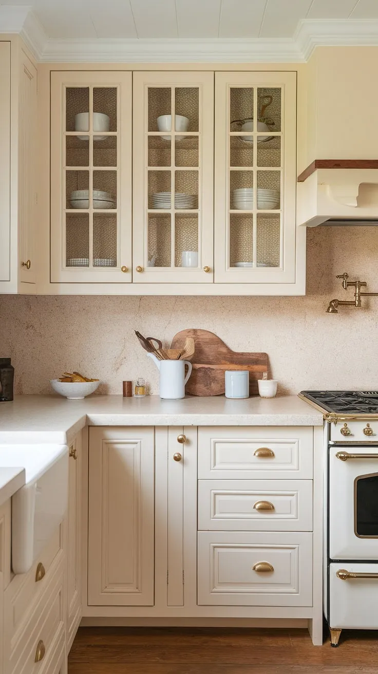 This modern neutral kitchen features light cream cabinets, soft white interiors, and gold hardware, perfectly capturing the essence of a small beach house with its natural tone backsplash and wooden flooring.