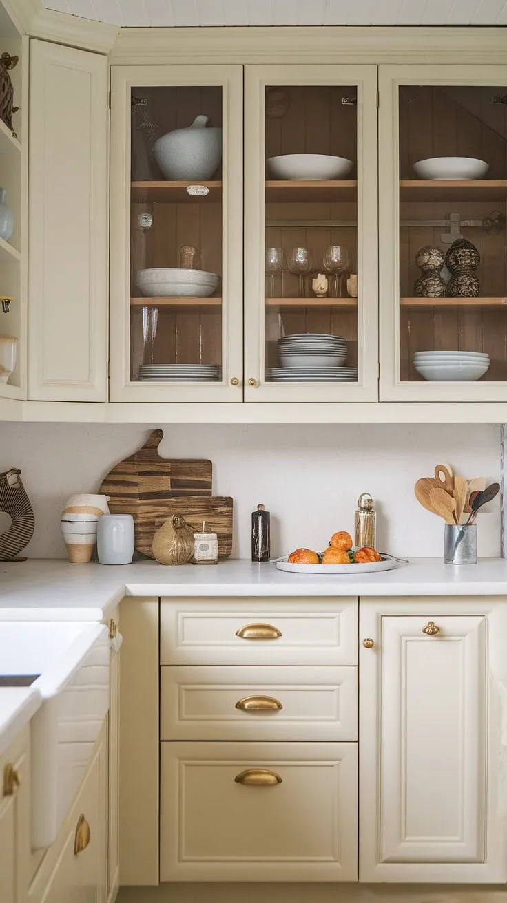 Featuring cream kitchen ideas, this small beach house kitchen combines mussel cabinets with soft white and light cream tones, accented by gold hardware for a modern touch.