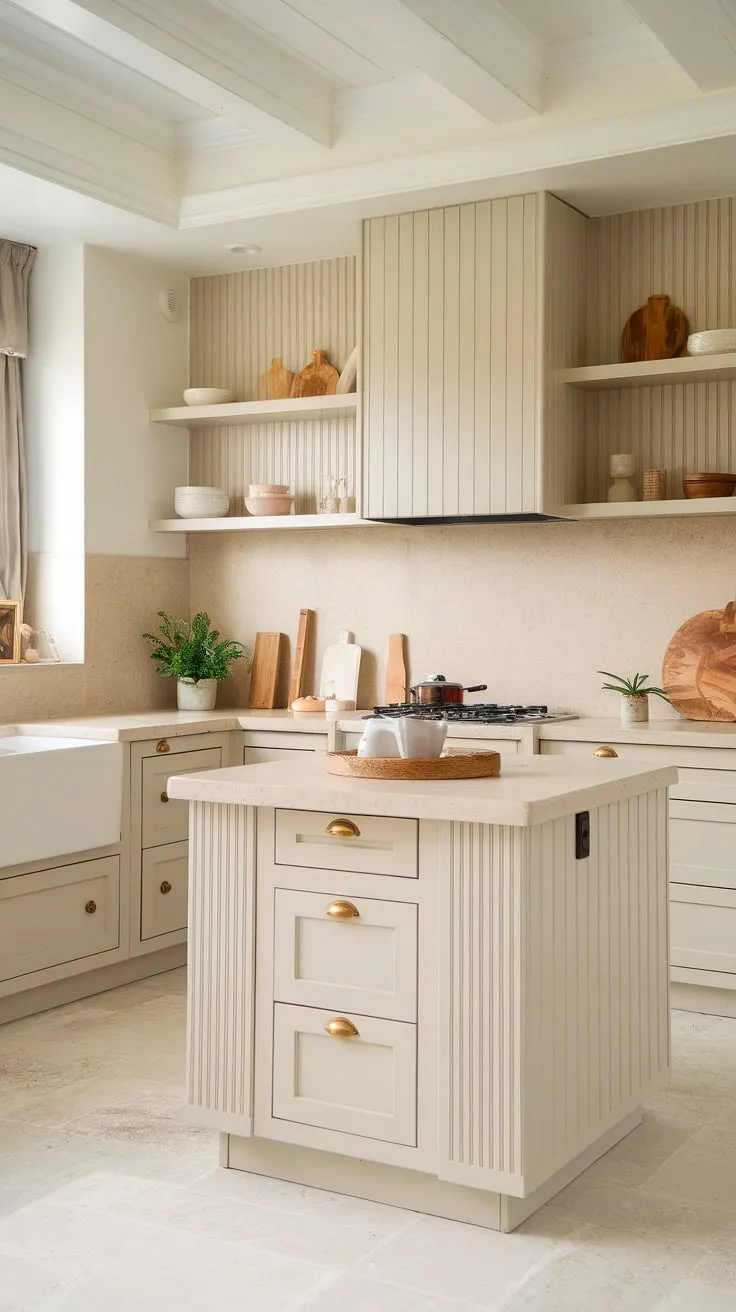 This small beach house kitchen features modern cream kitchen ideas with mussel cabinets, soft white finishes, and elegant gold hardware, creating a stunning natural tone kitchen.
