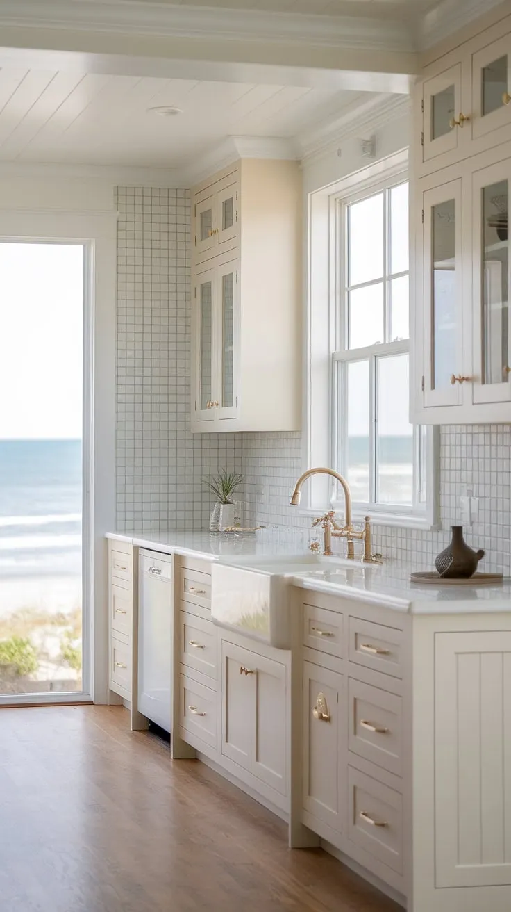 This modern beach house kitchen features light cream cabinets, white countertops, and gold hardware, creating a stunning neutral space with natural tones and inspiration for small kitchen designs.