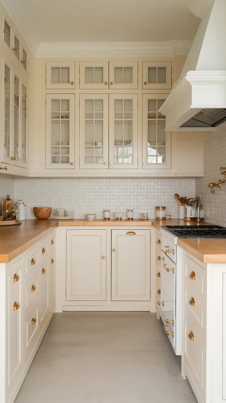 This small beach house kitchen showcases modern inspiration with light cream and soft white cabinets, gold hardware, and natural tone countertops, creating a stylish neutral palette.