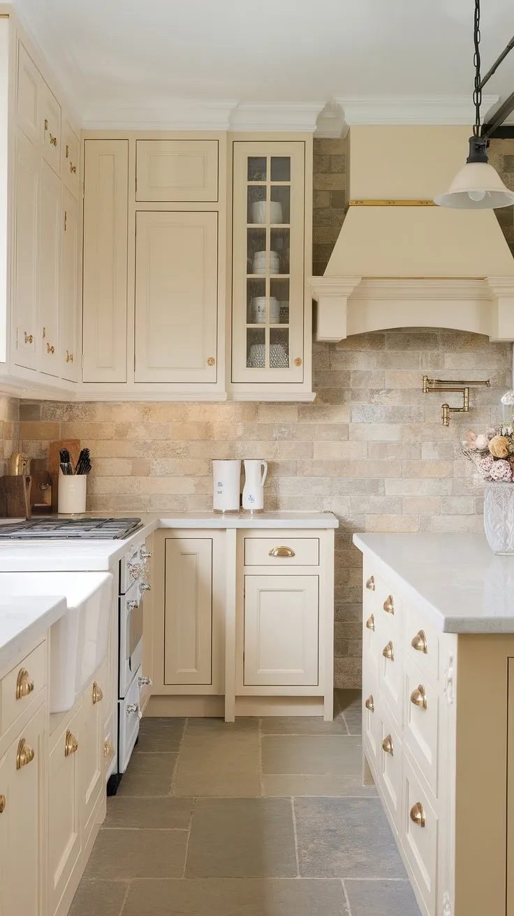 With its mussel kitchen cabinets, white appliances, and elegant gold accents, this light cream kitchen embodies modern inspiration for a stylish coastal retreat.