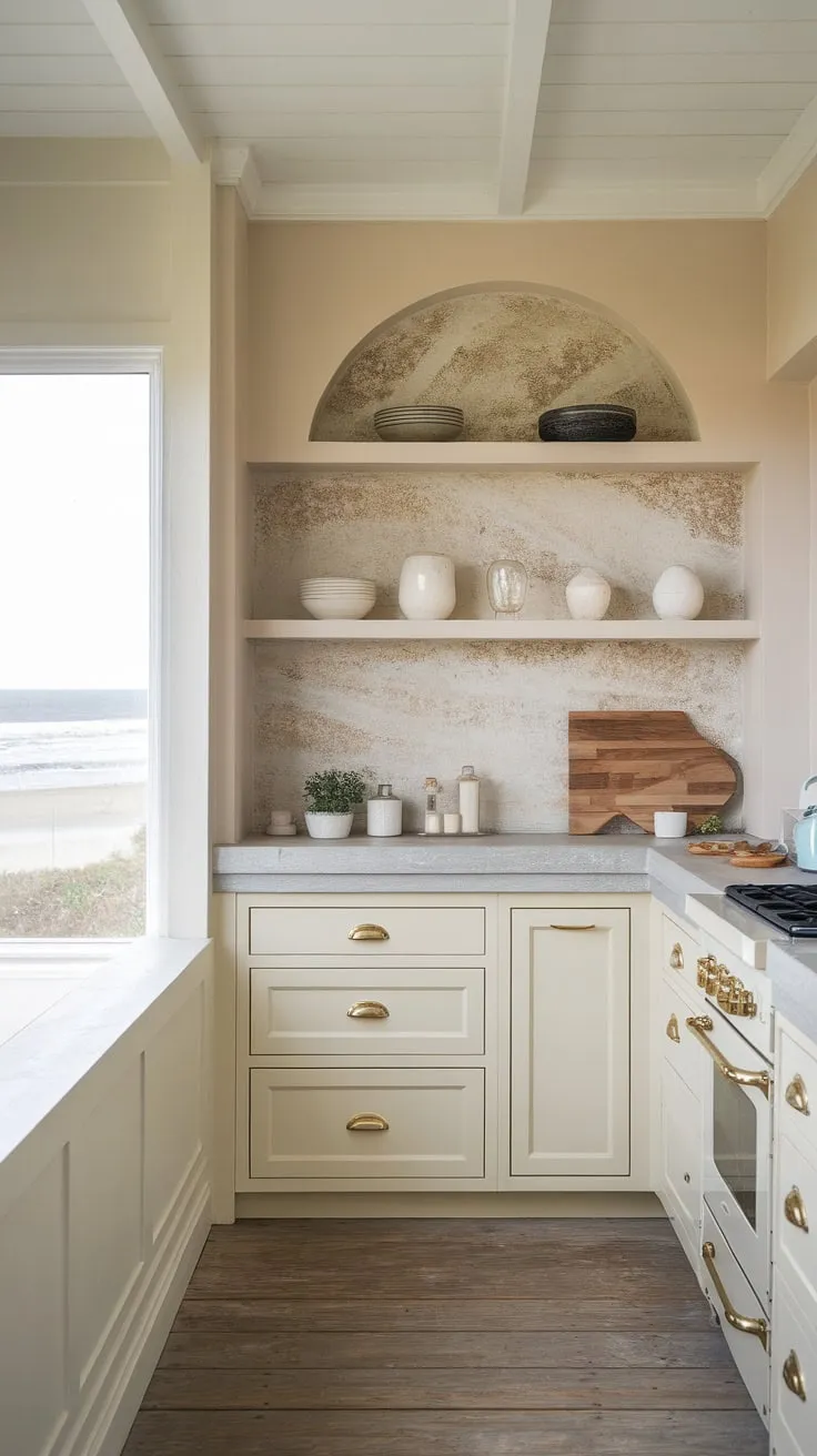 This small beach house kitchen showcases modern inspiration with soft white and light cream cabinets, mussel accents, gold hardware, and a natural stone backsplash, all framed by a stunning beach view.