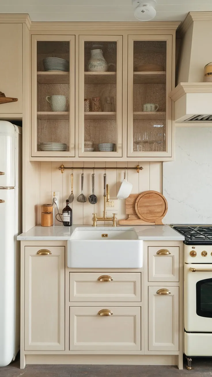 This modern neutral kitchen showcases light cream cabinets, soft white countertops, and elegant gold hardware, perfectly embodying small beach house charm with mussel cabinetry and natural tones.