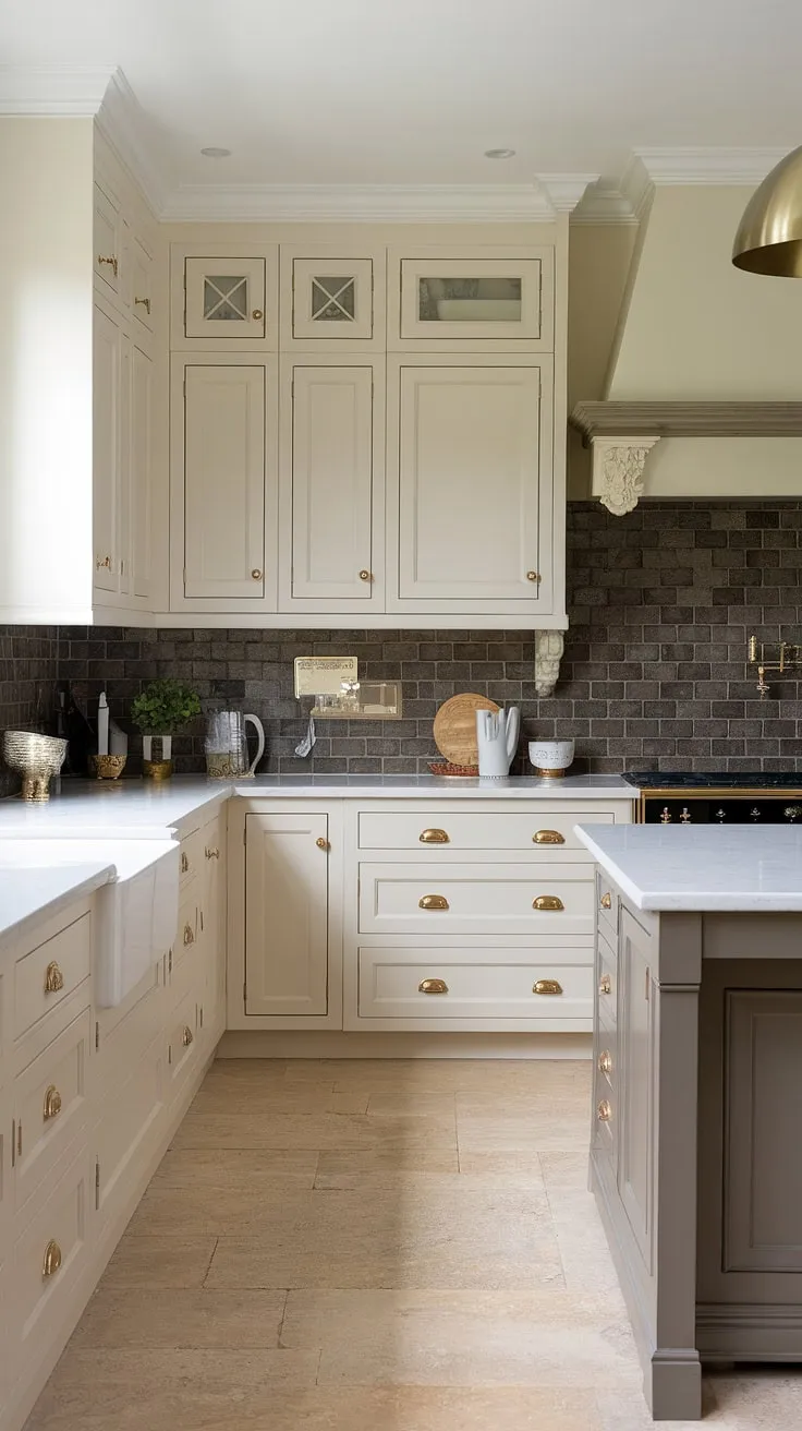 This neutral kitchen features light cream cabinets, white countertops, and dark grey tiles, accented by gold hardware and a stylish island, making it a perfect modern kitchen inspiration for a small beach house.