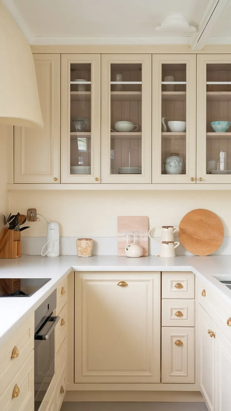 The neutral kitchen design combines cream and white cabinets with natural tones, creating a stylish and inviting space perfect for beachside living.