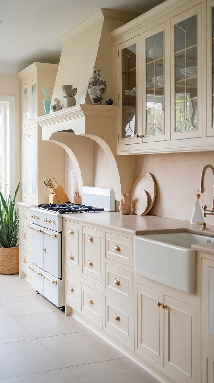 With its mussel kitchen cabinets, white stove, and decorative accents, this light cream kitchen embodies modern kitchen inspiration perfect for a cozy coastal retreat.