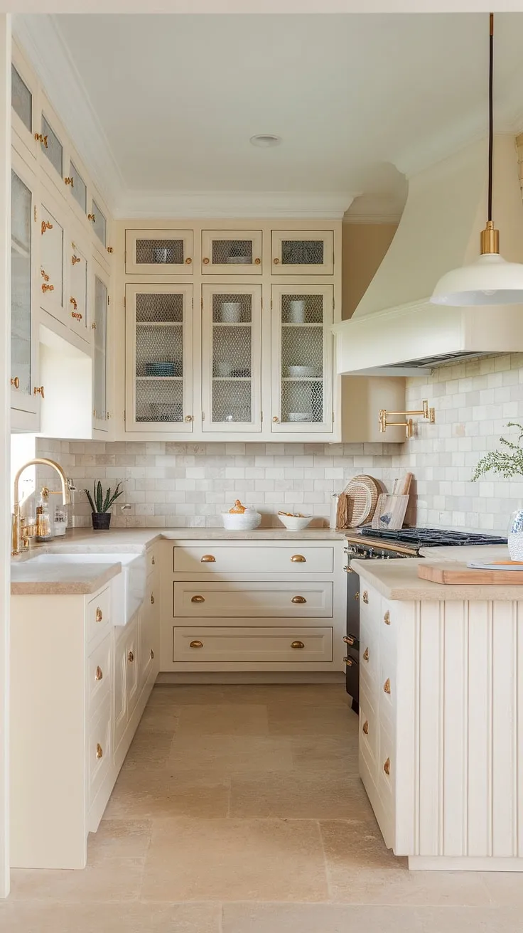 With its soft white and light cream kitchen cabinets, natural stone countertops, and elegant gold accents, this small beach house kitchen exemplifies modern design in a neutral palette.