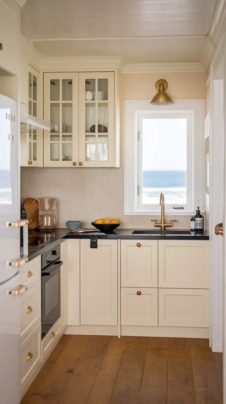 With soft white and light cream kitchen cabinets, this neutral kitchen showcases mussel cabinets and gold accents, creating a stylish and inviting space perfect for beachside living.