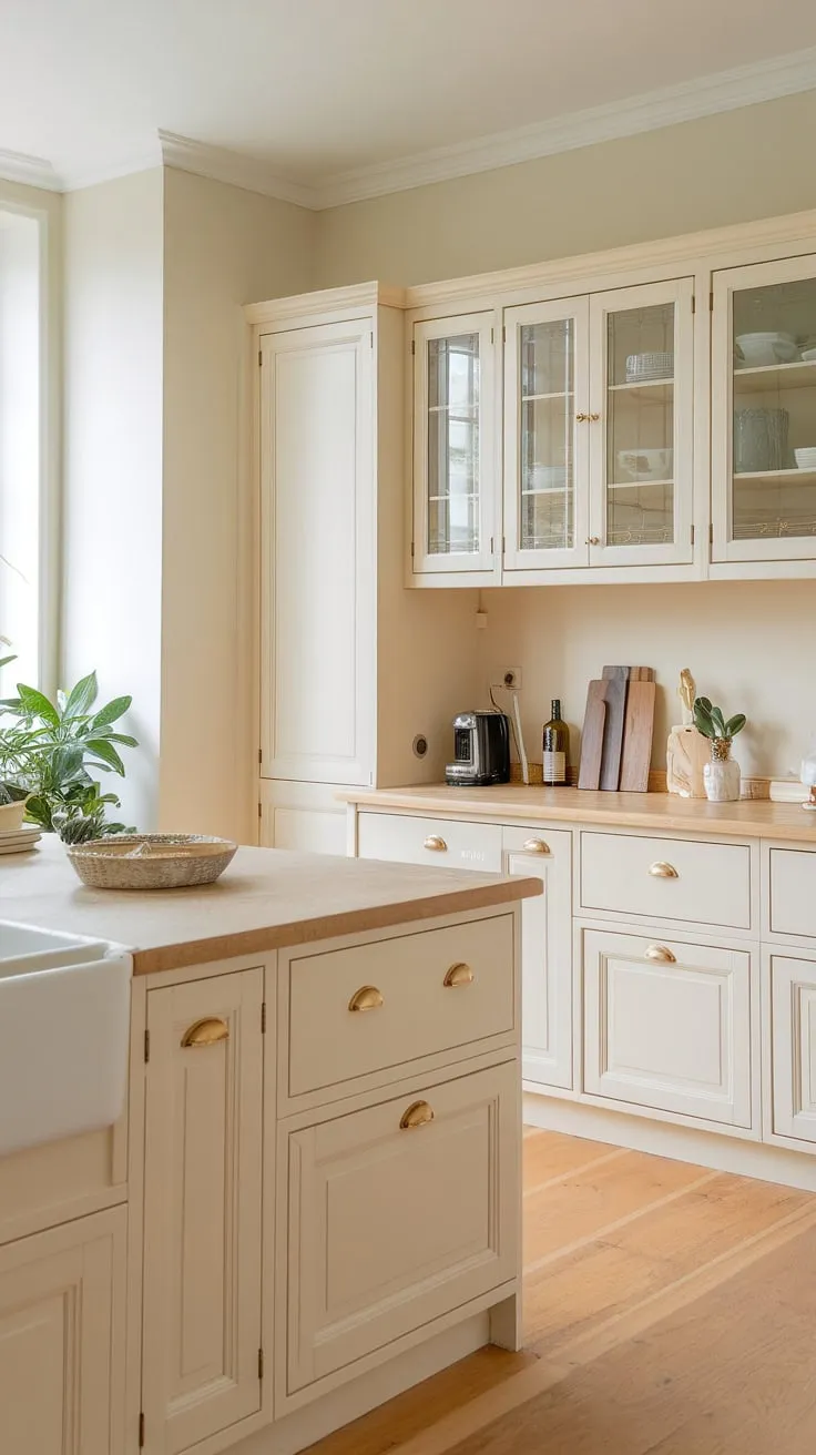 This modern neutral kitchen features light cream cabinets with gold hardware, a natural stone countertop, and a small island, perfectly suited for a small beach house.