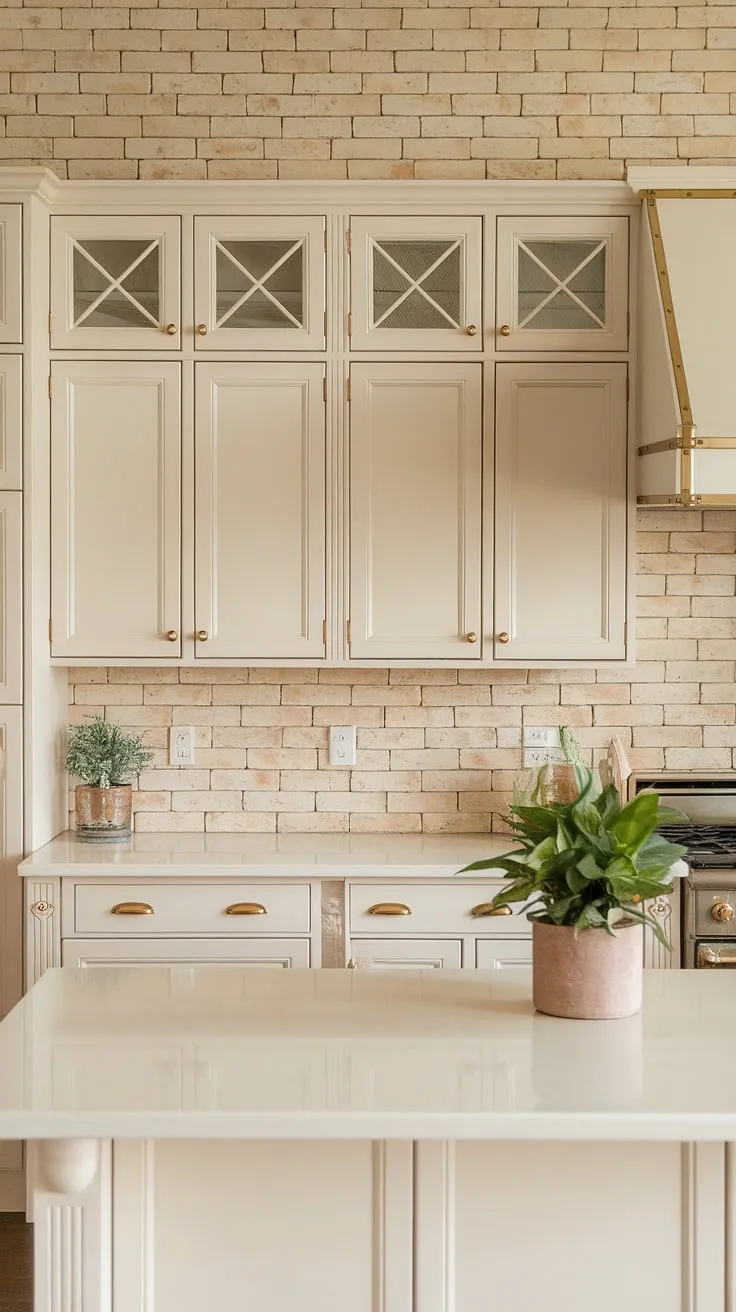 With soft white and mussel kitchen cabinets, this stylish kitchen showcases cream ideas and natural tones for a fresh, inviting atmosphere.