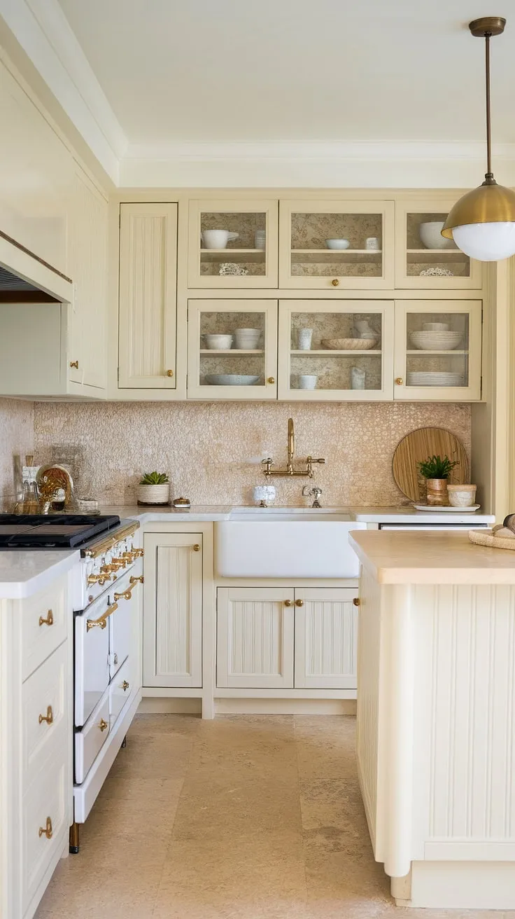 With soft white and light cream kitchen cabinets, this beach house kitchen showcases mussel accents and gold details, perfect for contemporary coastal living.