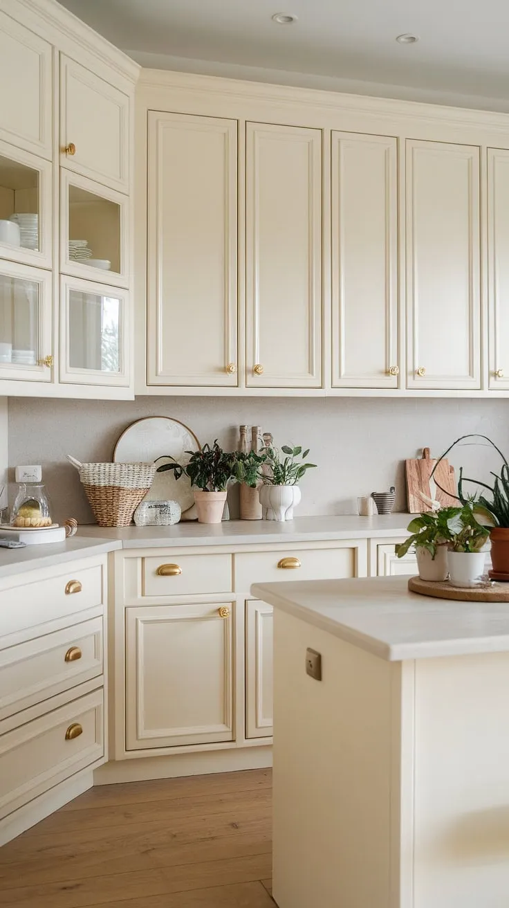 This modern neutral kitchen features soft white and light cream cabinets with gold hardware, complemented by mussel kitchen cabinets and a natural tone wood floor, making it an inspiring small beach house kitchen.