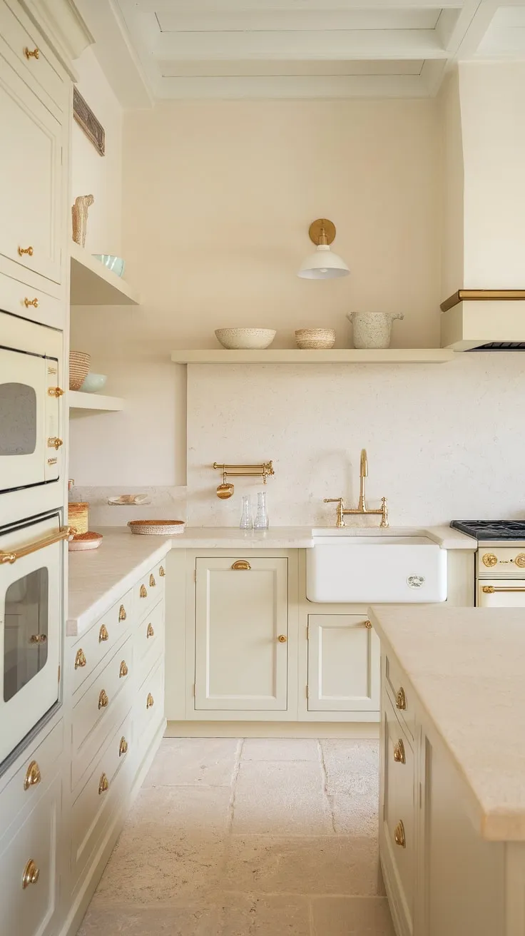 With mussel kitchen cabinets, white and light cream tones, and natural stone accents, this kitchen beautifully blends modern design with coastal charm.