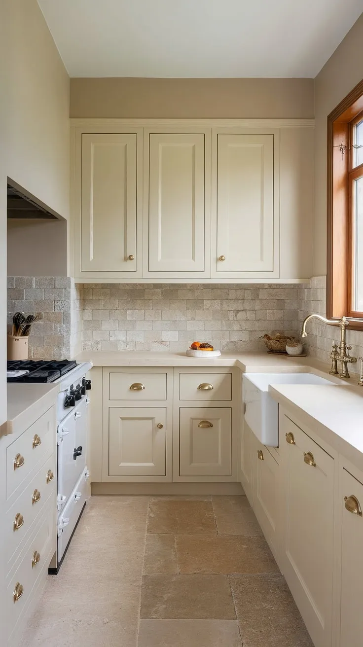 This small beach house kitchen showcases modern inspiration with light cream and soft white cabinets, natural stone backsplash, and elegant gold hardware, creating a neutral palette perfect for coastal living.