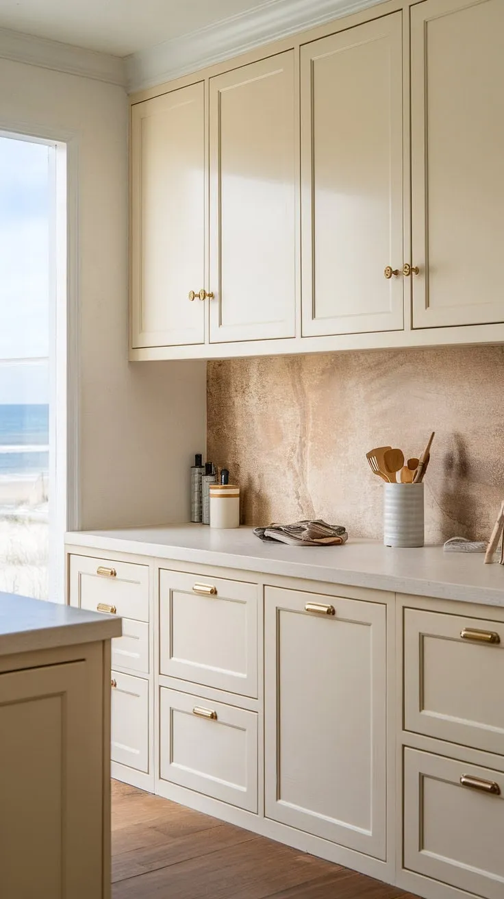 This neutral kitchen features light cream cabinets with gold hardware, a natural tone backsplash, and a white countertop, perfectly complementing the small beach house vibe.