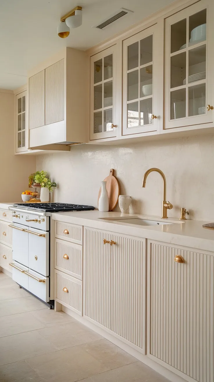 This modern beach house kitchen features mussel texture cabinets in light cream, complemented by gold hardware and a soft white countertop, creating a stunning neutral space.