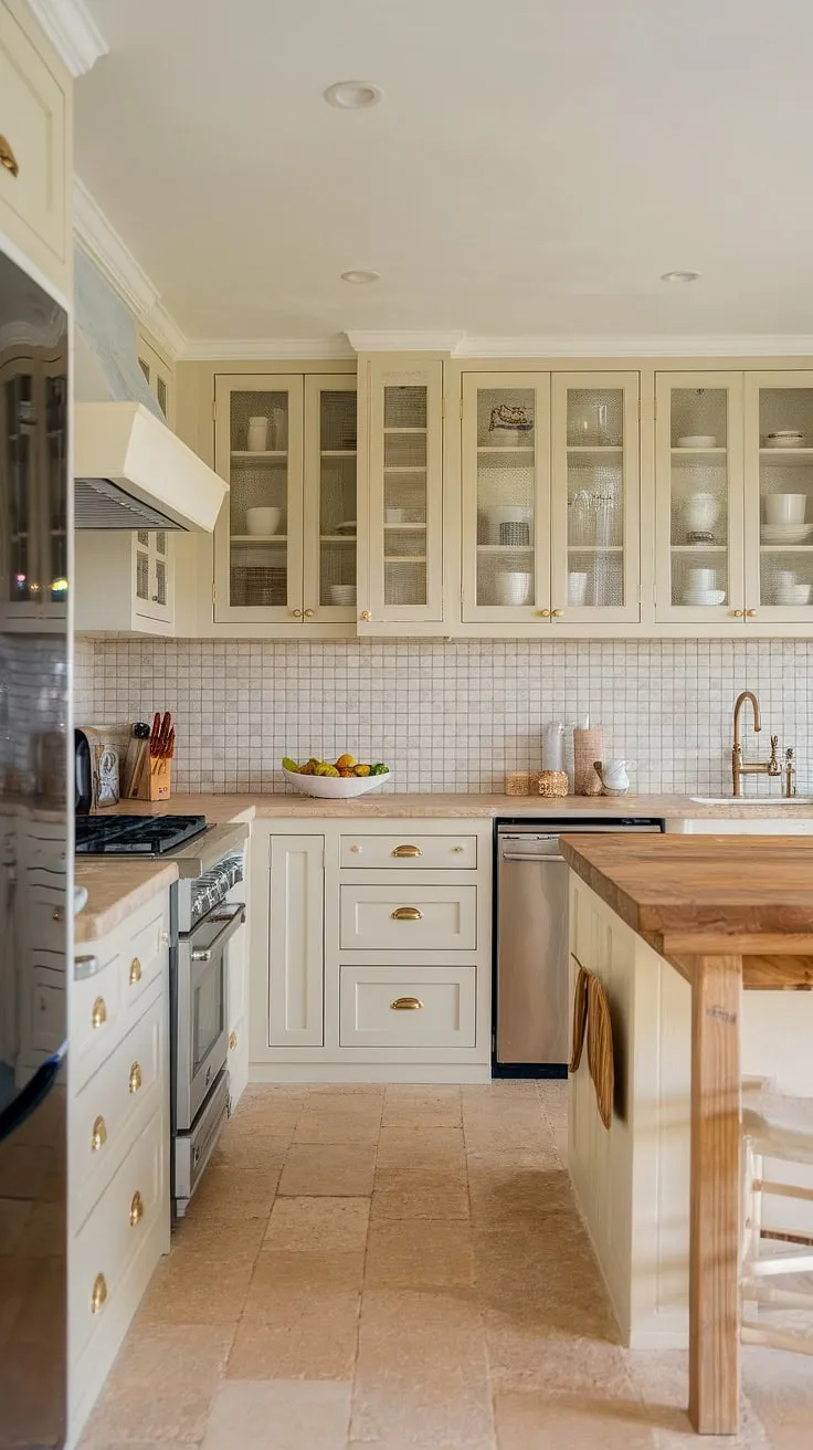 This small beach house kitchen showcases modern inspiration with light cream cabinets, gold hardware, and natural stone countertops, creating a neutral palette perfect for a cozy coastal vibe.