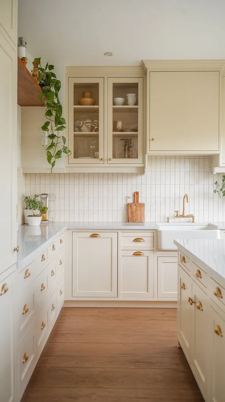 This modern neutral kitchen features light cream and soft white cabinets with gold hardware, a white island with a gold sink, and a natural tone enhanced by plants, perfect for small beach house kitchen inspiration.