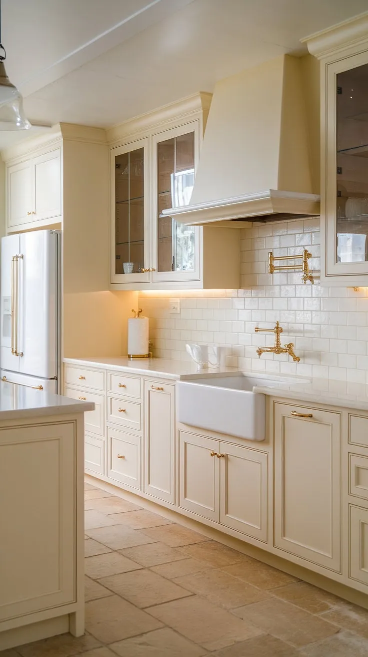 With mussel kitchen cabinets, a white sink, and natural tone flooring, this cream kitchen idea radiates elegance and warmth.