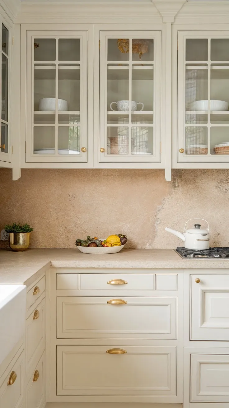 The small beach house kitchen showcases elegant light cream cabinets paired with gold hardware and a natural stone countertop, embodying modern kitchen inspiration.