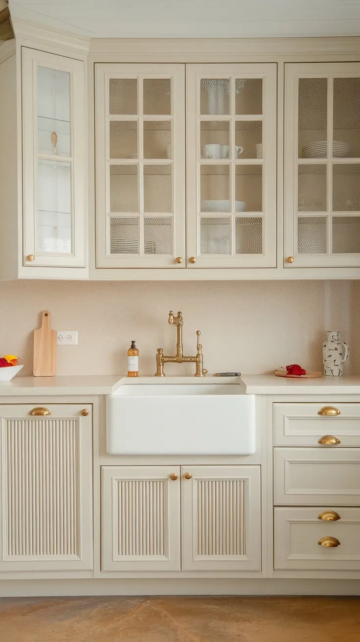 With its light cream cabinets, gold accents, and natural tone flooring, this modern kitchen design offers fresh cream kitchen ideas perfect for a cozy beach house setting.