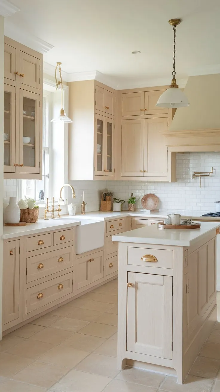 This modern neutral kitchen features light cream cabinets with gold hardware, a soft white countertop, and a natural tone that perfectly complements the small beach house aesthetic.