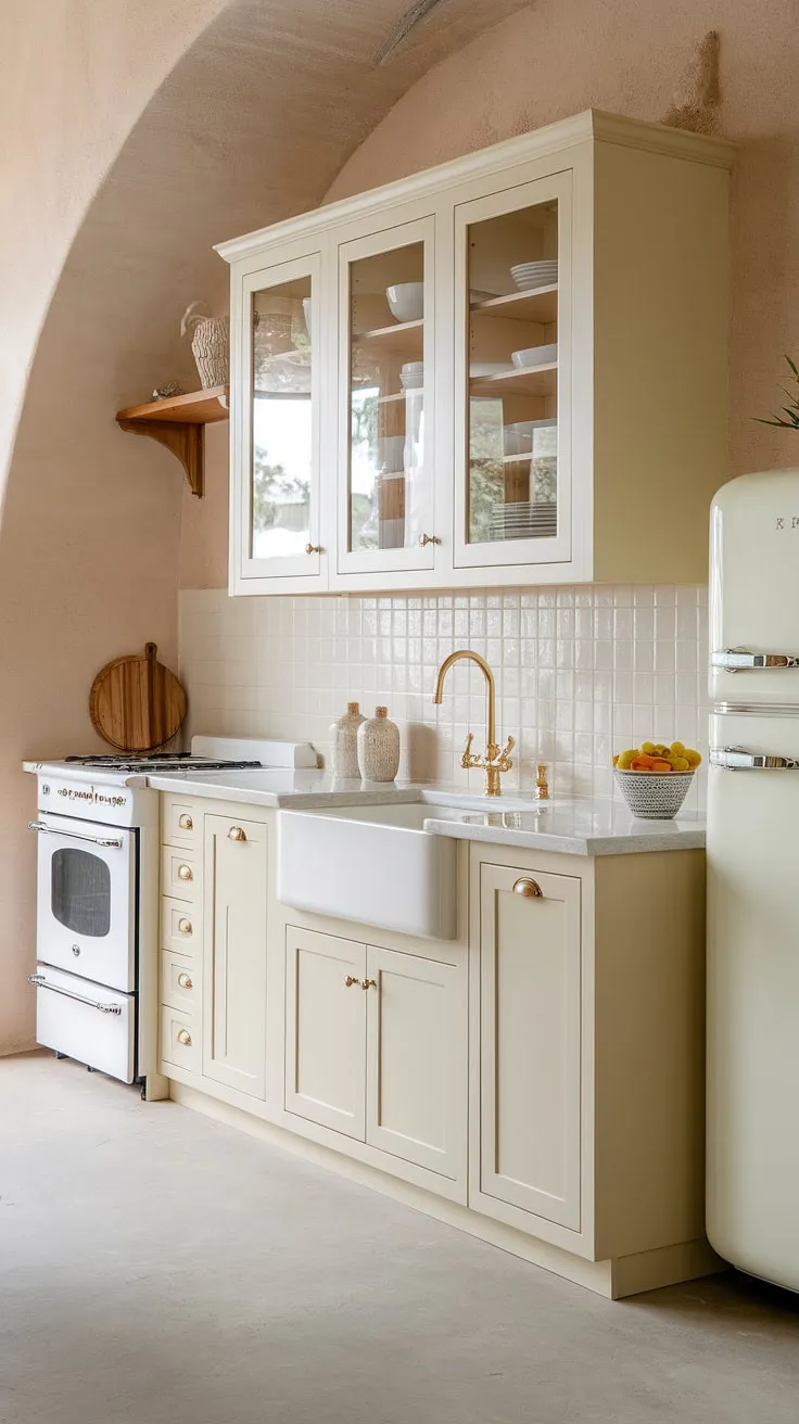 With mussel kitchen cabinets and a natural tone wall, this cream kitchen idea showcases a stylish blend of white and light gray elements for a contemporary look.