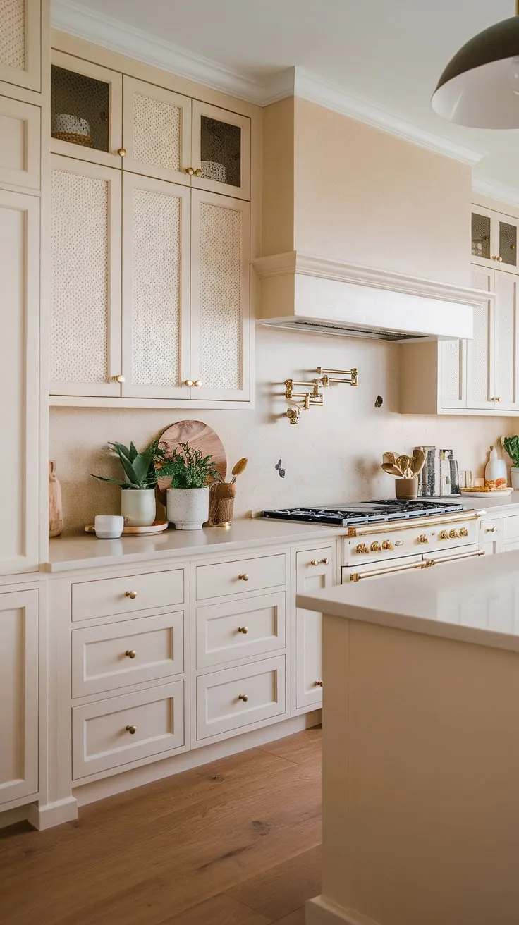 With soft white kitchen cabinets and mussel accents, this stylish space showcases cream kitchen ideas that blend elegance and functionality.