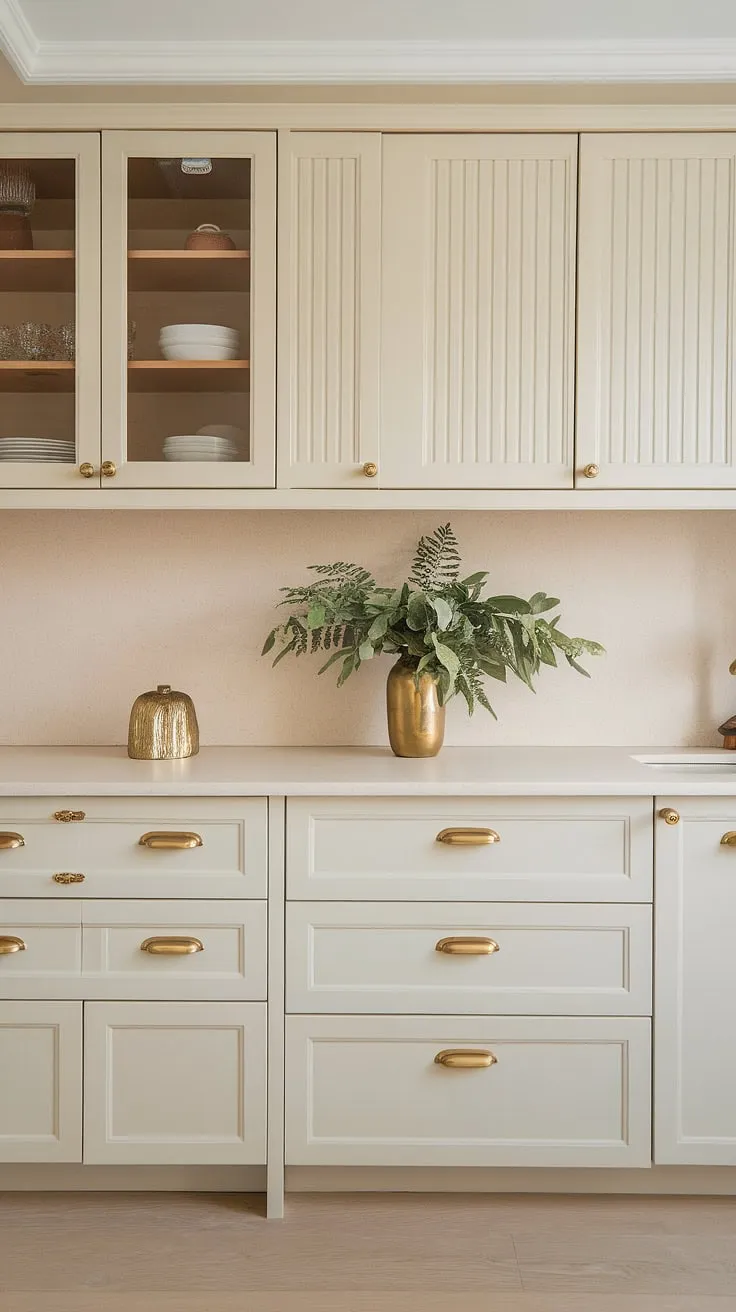This modern neutral kitchen in a small beach house features light cream and soft white cabinets with gold hardware, complemented by a textured natural tone backsplash and light wood flooring.