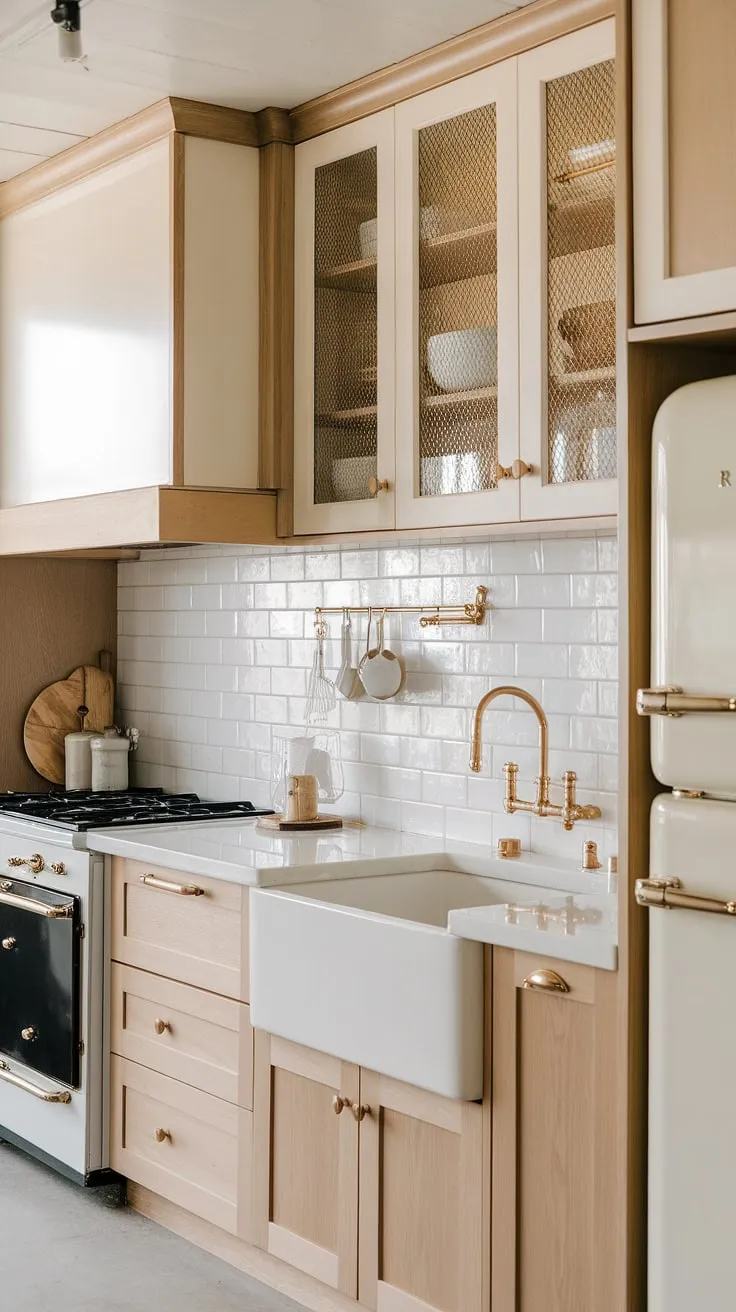 With its white countertops, backsplash, and gold accents, this neutral kitchen showcases inspiring cream kitchen ideas perfect for a stylish coastal retreat.