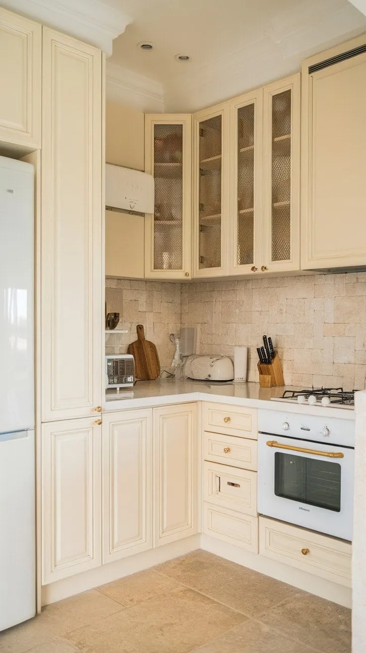 This serene kitchen exudes understated elegance with its gleaming cream cabinets, warm gold hardware, and harmonious blend of neutral tones and natural stone.