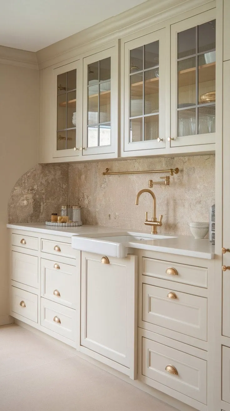 Bathed in sunlight, this serene kitchen harmoniously combines beach house charm with understated elegance through creamy cabinets, soft white countertops, and subtle gold accents.